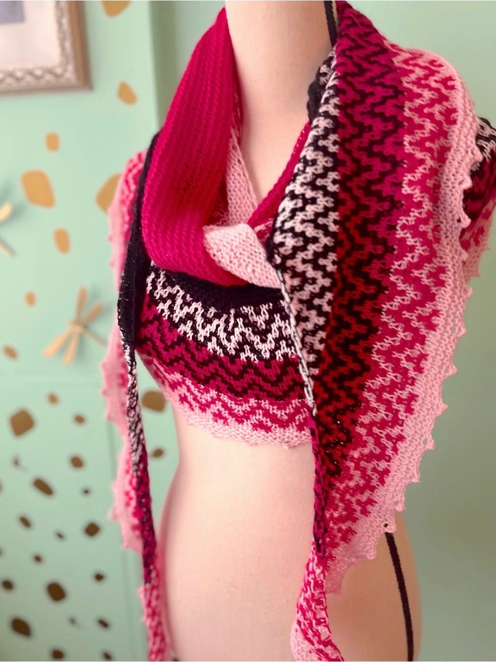 Bespoke Hand Knit Pink Red Black Zigzag Luxury Merino Cashmere Mink Shawl Scarf